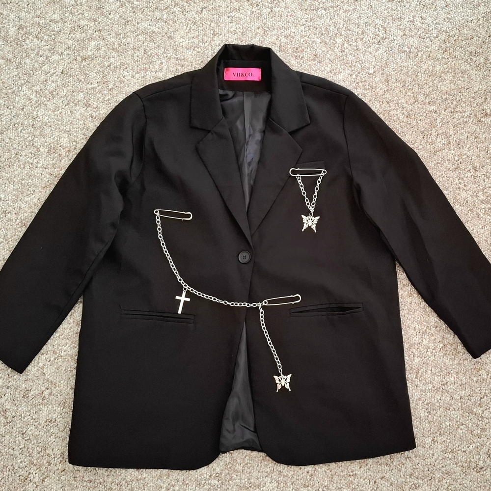 Black Women's Blazer with Silver Butterfly Chain